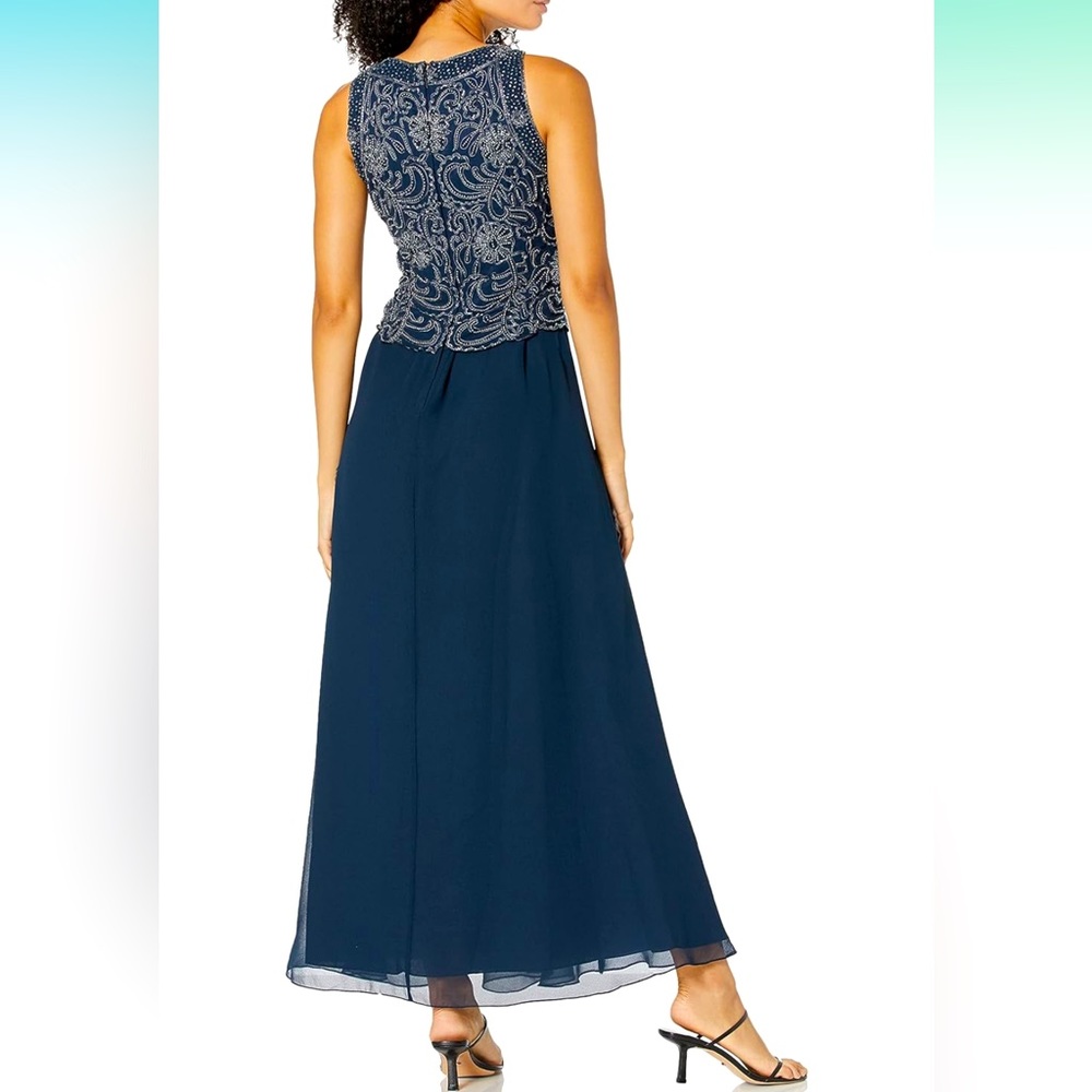 J Kara Gorgeous Sleeveless Scallop Long Beaded Dress with Scarf, Size 12P, Nwt - Picture 3 of 5